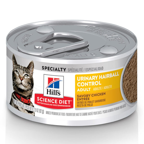 hills science diet urinary hairball control adult 1-6 wet cat food chicken minced 2.9 oz can case of 12