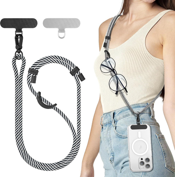 SURPHY Phone Lanyard, Adjustable Phone Strap Crossbody with 2 Pack Cell Phone Tether Tab, Premium Metal Buckles, Skin-Friendly, Universal Cell Phone Lanyard Crossbody for Women and Men, Black