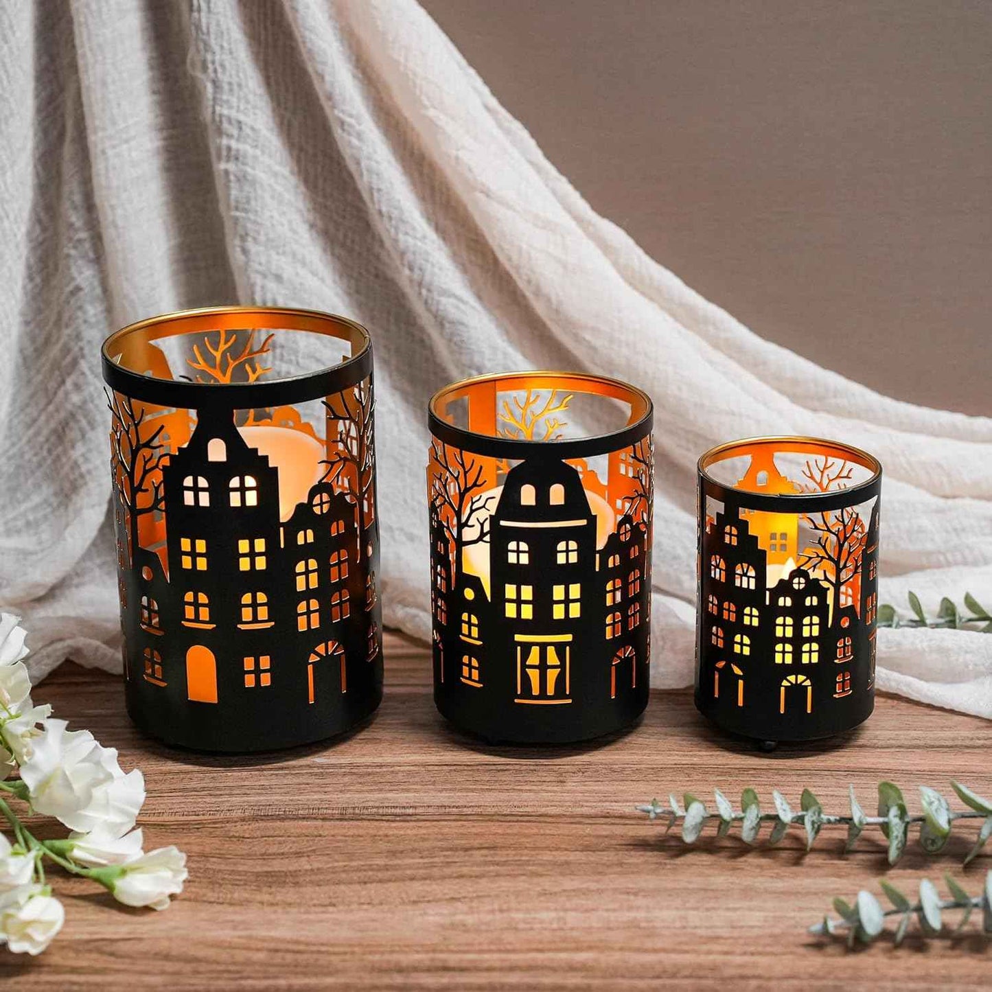 TRIROCKS Christmas Candle Lantern 7" H Etched Metal Candle Holder Christmas Decorations for Living Room Kitchen Tabletop Parties Patio Outdoors Indoors(3PCS;Bronze House)
