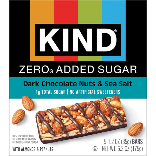Kind Zero Added Sugar Snacks Bars, Dark Chocolate Nuts & Sea Salt, Gluten Free, High Fiber, Keto Snacks, 5g Protein, 5 Count
