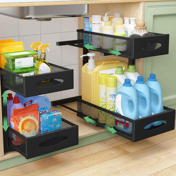 Under Sink Organizer with 2 Tier Pull-Out Cabinet Organizer Baskets and Mesh Sliding Drawers for Home, Kitchen, Bathroom, Pantry, Office