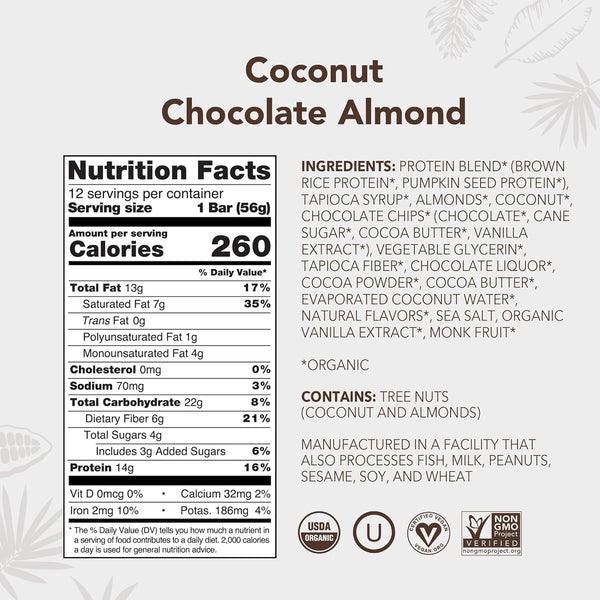 Organic Coconut Almond Plant Based Protein Bars Pack of 12