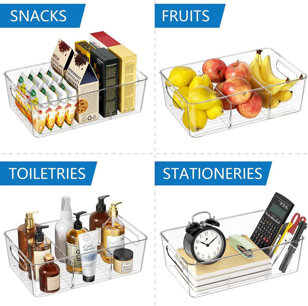 6-pack clear plastic pantry organizers and storage with 2 dividers for kitchen fridge organization