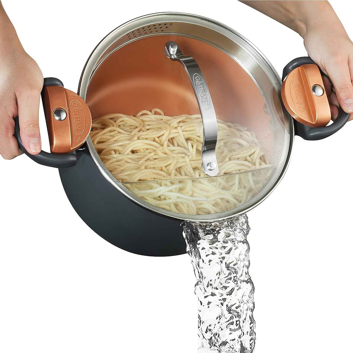 Gotham Steel 5 Quart Stock Pot, Multipurpose Pasta Pot with Strainer Lid, Nonstick Ceramic Surface, Tempered Glass Lid, Dishwasher Safe