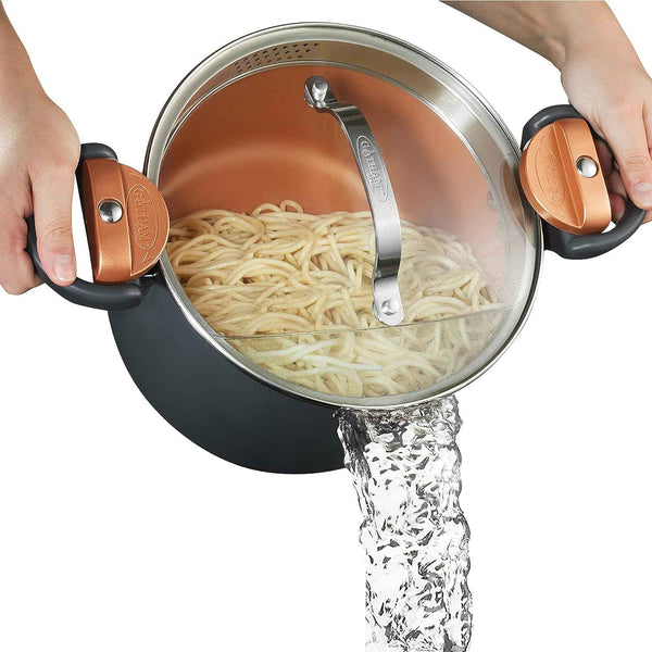 Gotham Steel 5 Quart Stock Pot, Multipurpose Pasta Pot with Strainer Lid, Nonstick Ceramic Surface, Tempered Glass Lid, Dishwasher Safe