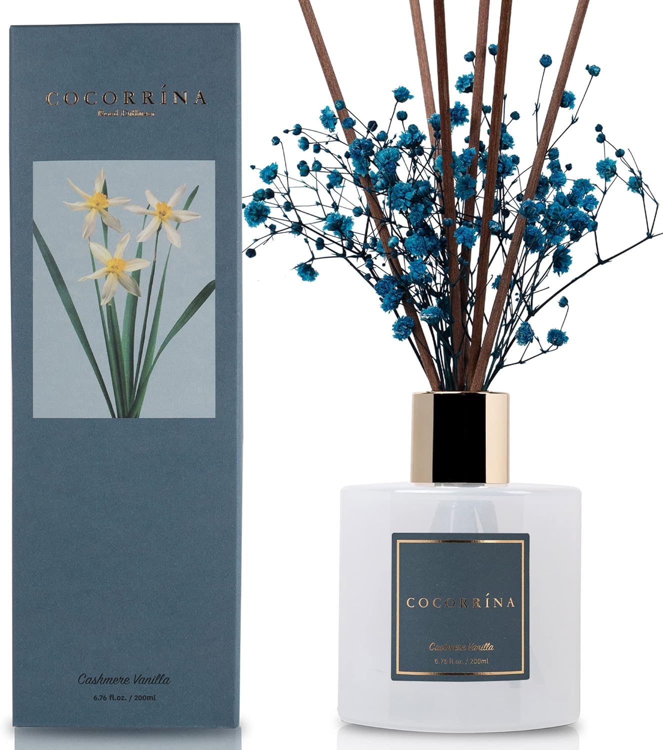 Cocorrína Premium Reed Diffuser Set with Preserved Baby's Breath & Cotton Stick Cashmere Vanilla | 6.7 fl oz Scent Fragrance Oil Diffuser for Bedroom Bathroom Home Décor