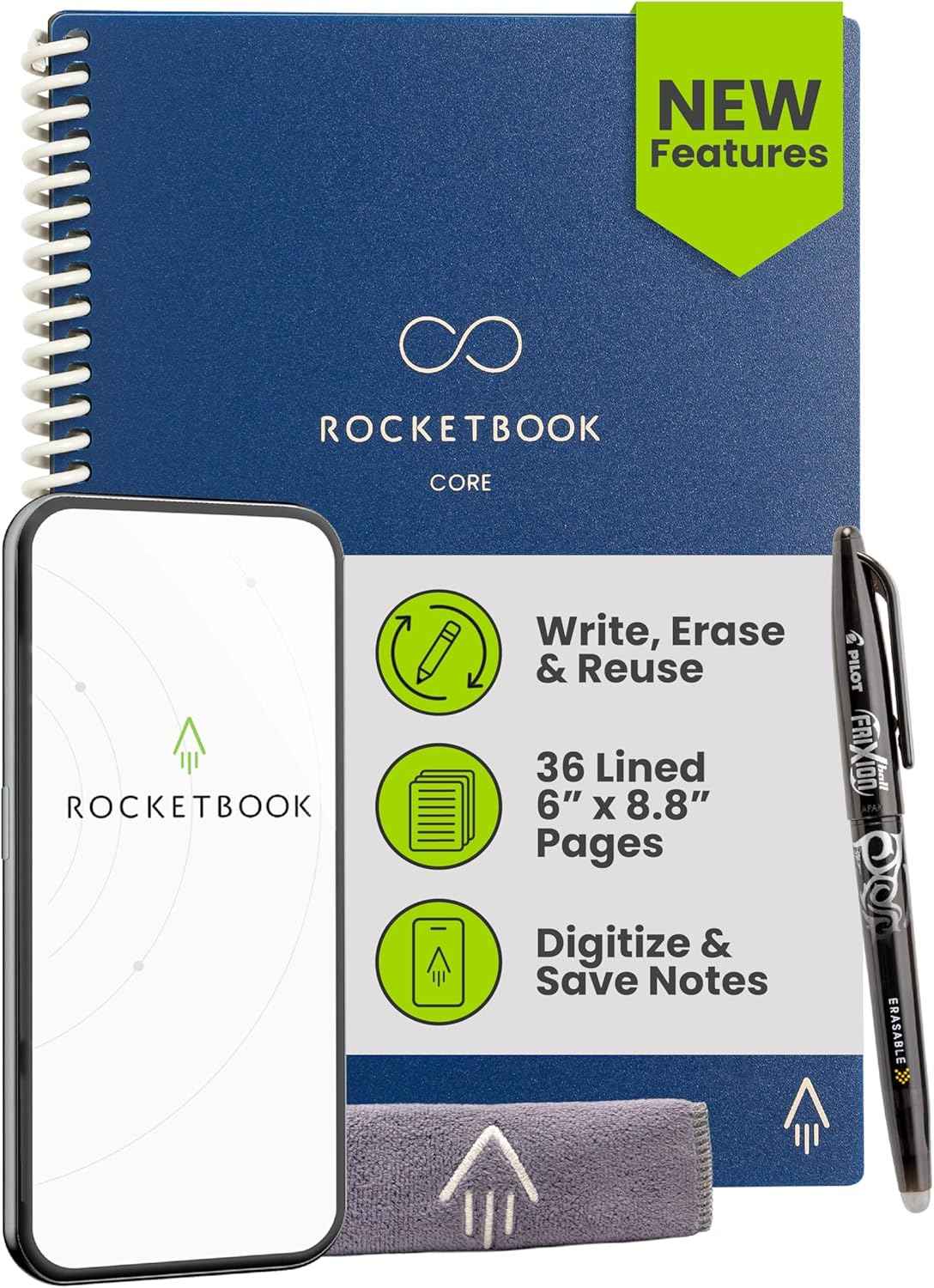 Rocketbook Core Reusable Smart Notebook, Lined Pages For School, Work and Creative Projects, Letter Size 8.5x11, Black - Premium