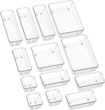 smartake 13-piece clear drawer organizers with non-slip silicone pads, 5-size desk bathroom organizer trays for makeup, jewelries, utensils storage in bedroom dresser, office and kitchen