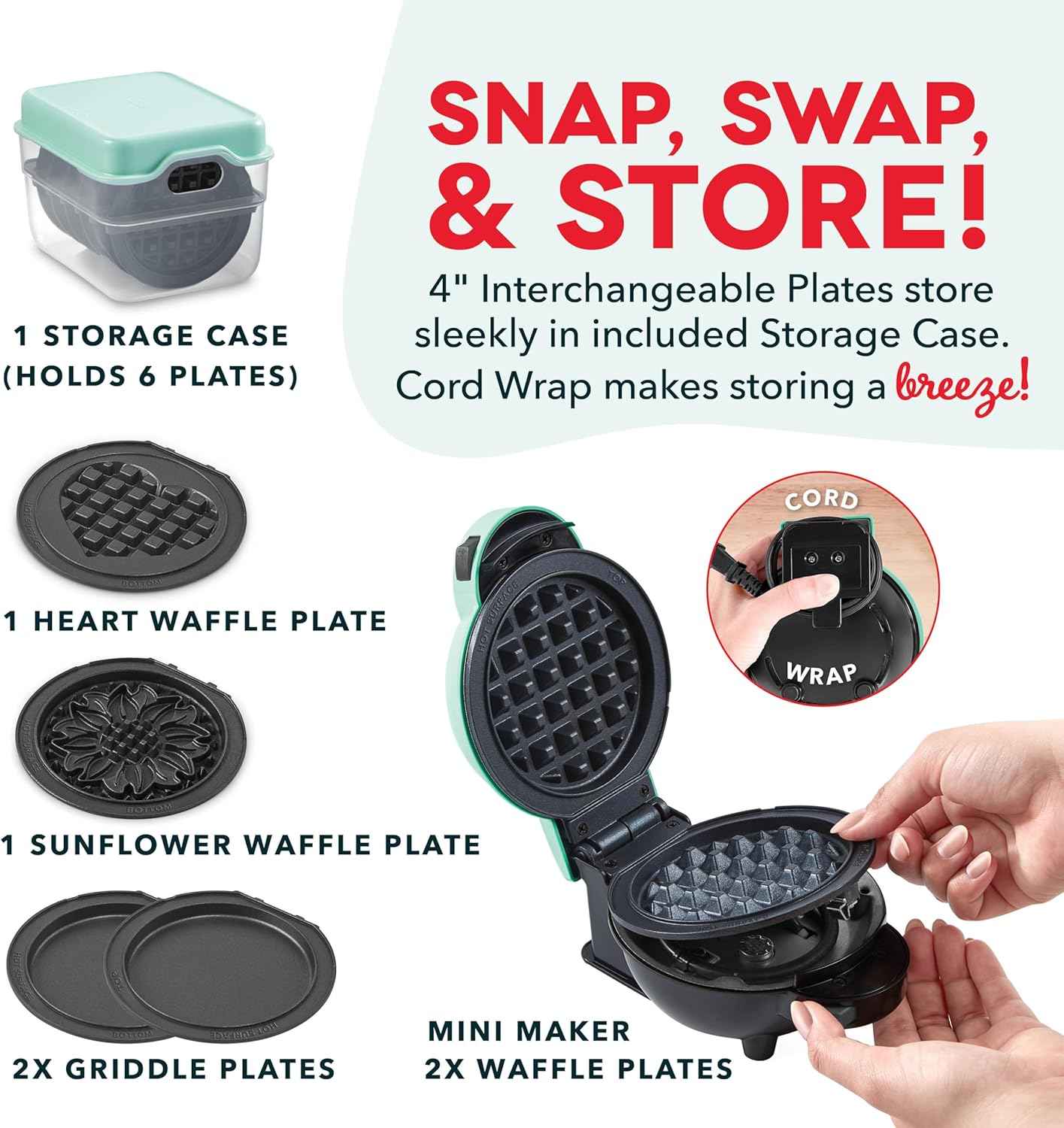 DASH Multimaker Mini System - Waffle Maker with Six 4” Removable Plates & Storage Case: Waffle Iron & Griddle, 4-in-1 Mini Waffle Maker for Kids and Families – Nonstick Surface, Just Add Batter (Aqua)