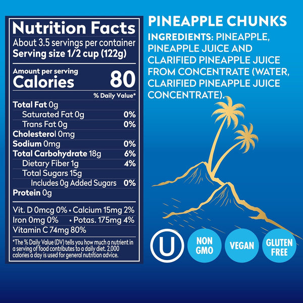 Dole Tropical Gold Pineapple Chunks in 100% Pineapple Juice, 15.25 Oz, 12 Count, Gluten Free, No Sugar Added