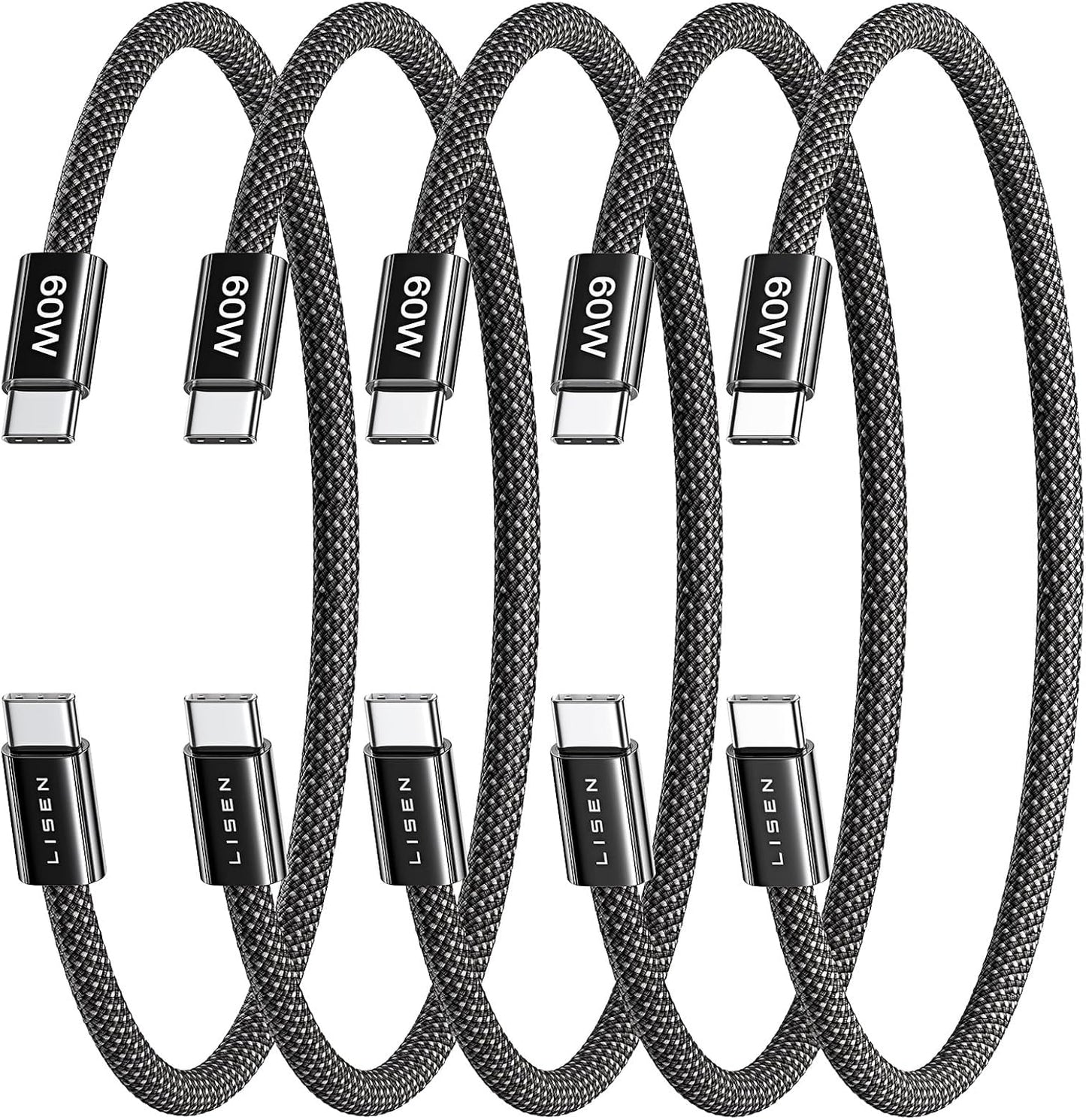 LISEN USB C to USB C Cable, 5-Pack [3.3/3.3/6.6/6.6/10FT] for iPhone 17 Charger Cord, 60W C to C Cable Fast Charging for iPad, iPhone 16 15 Pro Max, Galaxy S25/S24 USBC to USBC Cable Gifts for Men