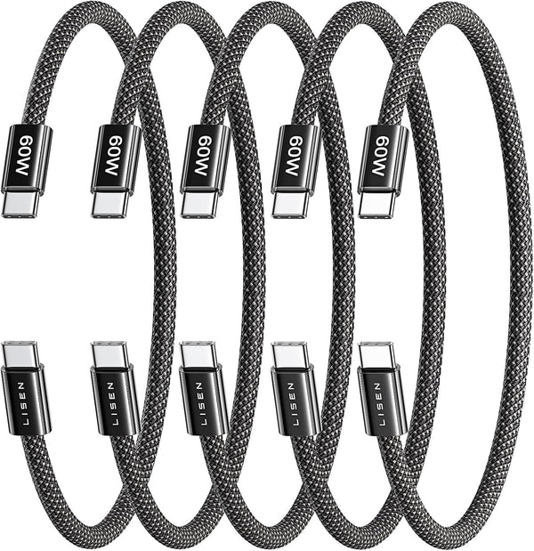 Lisen 5-pack usb c to c cable, 60w fast charging, 10ft for iphone 17, ipad, galaxy s25/s24