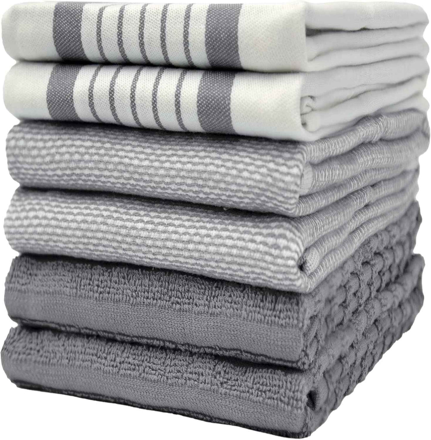 Premium Kitchen Towels (20”x 28”, 6 Pack) | Large Cotton Kitchen Hand Towel | Flat & Terry Dish Cloths | Highly Absorbent Tea Towels Set with Hanging Loop | Gray