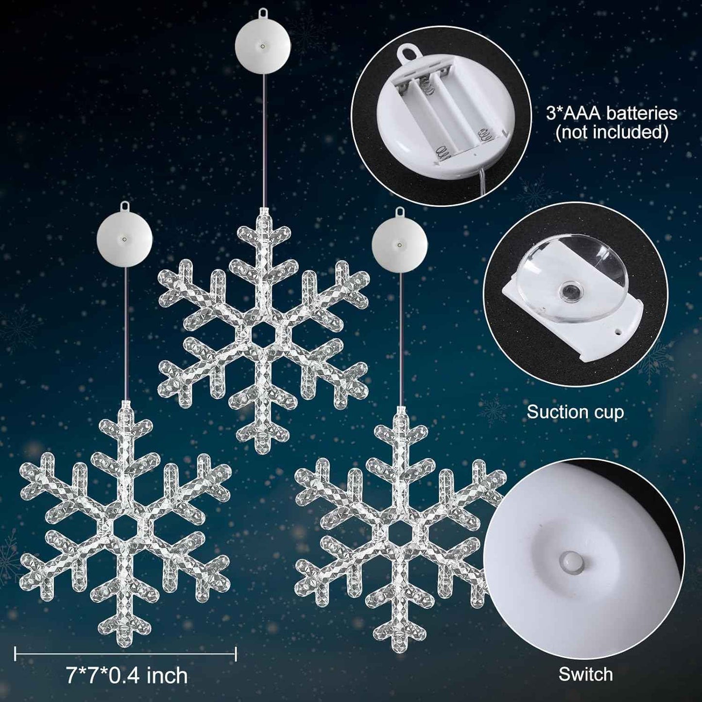 3Pack Christmas Window Lights Decorations with Timer,Battery Powered Christmas Hanging Warm White Lighted Snowflake Shaped LED Sucker for 2026 Xmas Tree Fireplace Indoor Decor