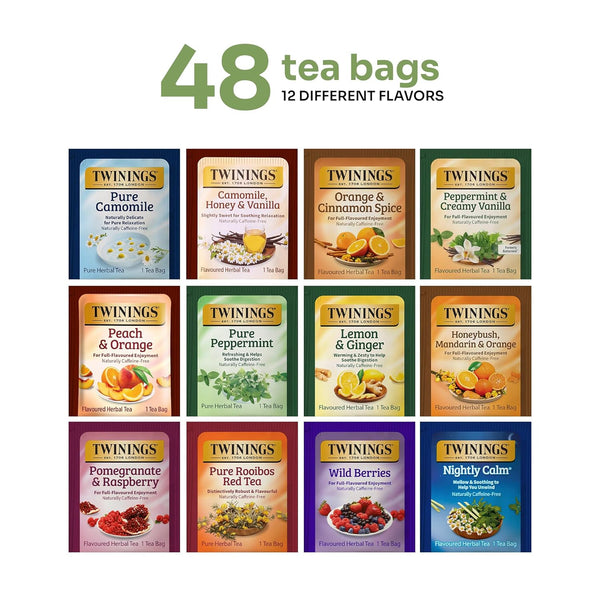 Twinings 48 Tea Bags Herbal Variety Pack, 12 Flavors, Caffeine-Free, Individually Wrapped
