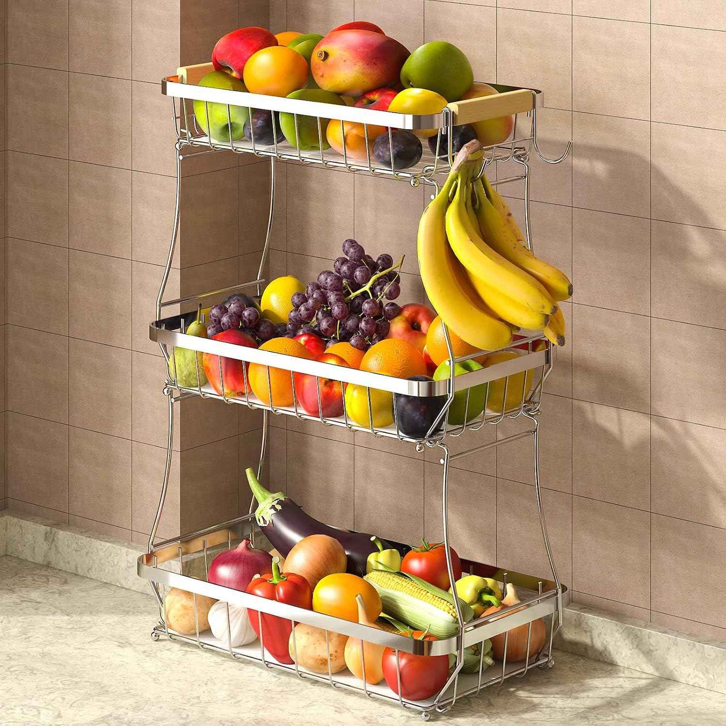 2 Tier Fruit Basket for Kitchen Counter with 2 Mobile Banana Hangers, 2025 Pro Detachable Metal Fruit Bowl with Wooden Handle, Fruit Holder for Bread Snack Veggies with Protective Mats
