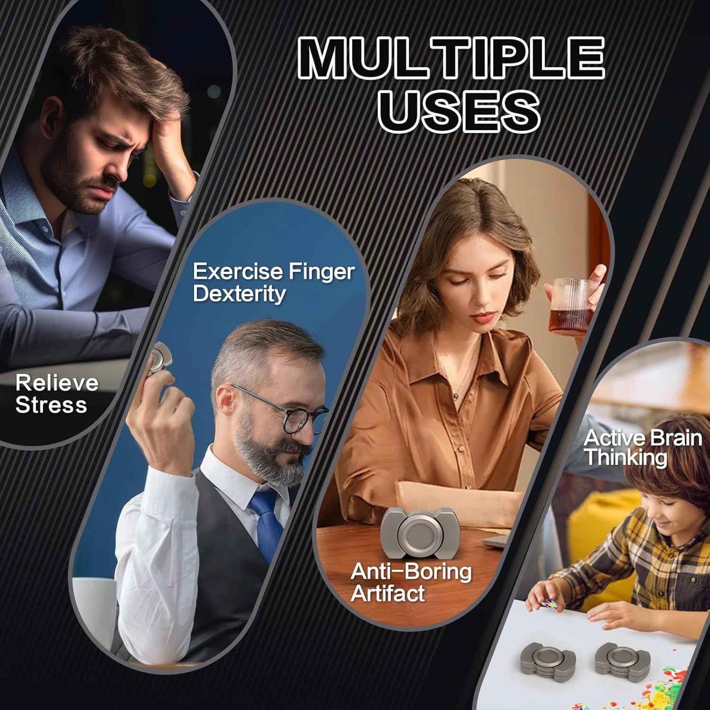 3-in-1 Fidget Toys Adults: Spinner, Slider, Clicker – Magnetic Stainless Steel Bearings for Super-Stable Rotation – Stress Relief, Enhanced Focus, and Habit Breaking, Christmas Party Favor Kid, Silver