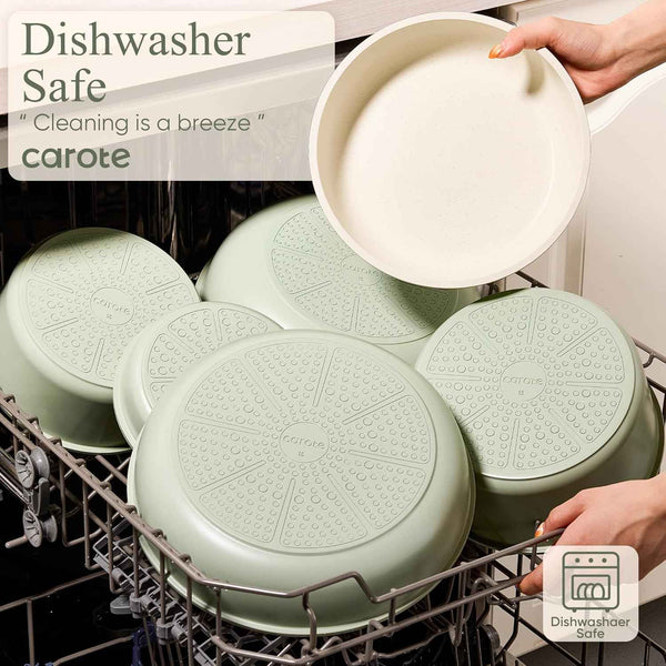 CAROTE 19pcs Nonstick Cookware Set with Detachable Handle, Induction Ready, Oven Safe, Sage Green, RV Cookware