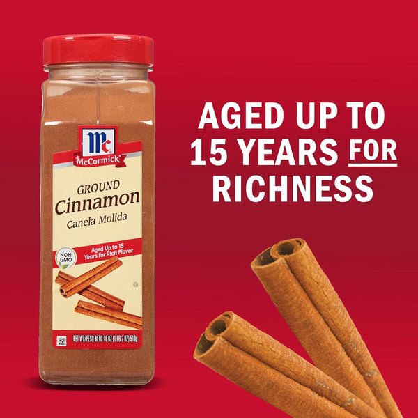 McCormick Ground Cinnamon, 18 oz, premium quality, non GMO, aged up to 15 years, sweet and savory dishes