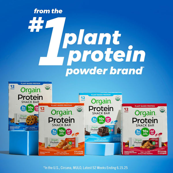 Orgain Organic Vegan Protein Bars, Chocolate Brownie, 10g Plant Based Protein, 12 Count