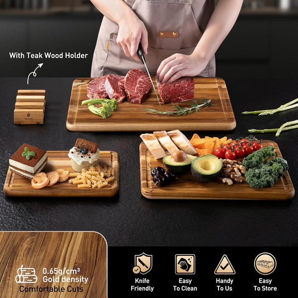 Teak Wood Cutting Board Set for Kitchen with Non-Slip Base and Durable Construction