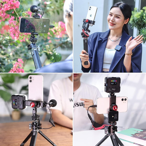 Metal Phone Tripod Mount 3 Cold Shoes & Arca Port, 360° Smartphone Tripod Adapter for iPhone 17 16 15 Cell Phone Stand Holder for Desktop Video Live Streaming Vlogging Rig