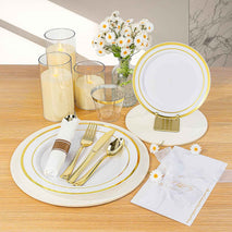 BESTVIP 700PCS Gold Plastic Dinnerware Set for 100 Guests, Disposable Plates for Party, Include: 200 Plastic Plates, 100 Pre Rolled Napkins with Gold Silverware, 100 Cups for Christmas, Halloween