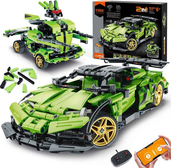 iqkidz 2 in 1 remote control race car and robot building blocks kit for kids aged 6-12