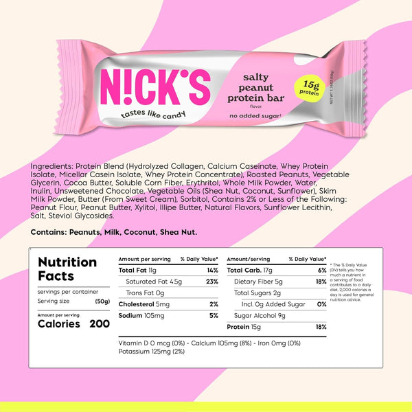 N!CK'S Protein Bars Salty Peanut Chocolate, 12-Count Box, 15g Protein, 200 Calories
