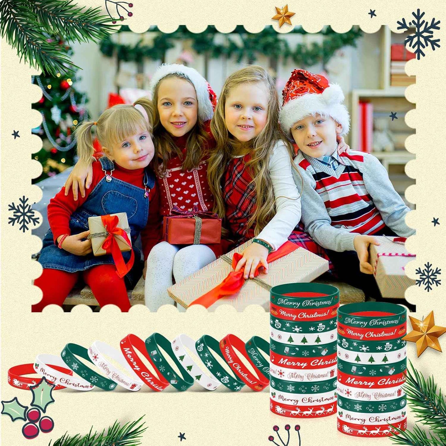 Syhood 200 Pieces Christmas Silicone Bracelets Rubber Wristbands Bulk Merry Christmas Bracelets Gifts for Kids Adult Xmas Party Favors Stocking Stuffers, 10 Style (Red, Dark Green, White)