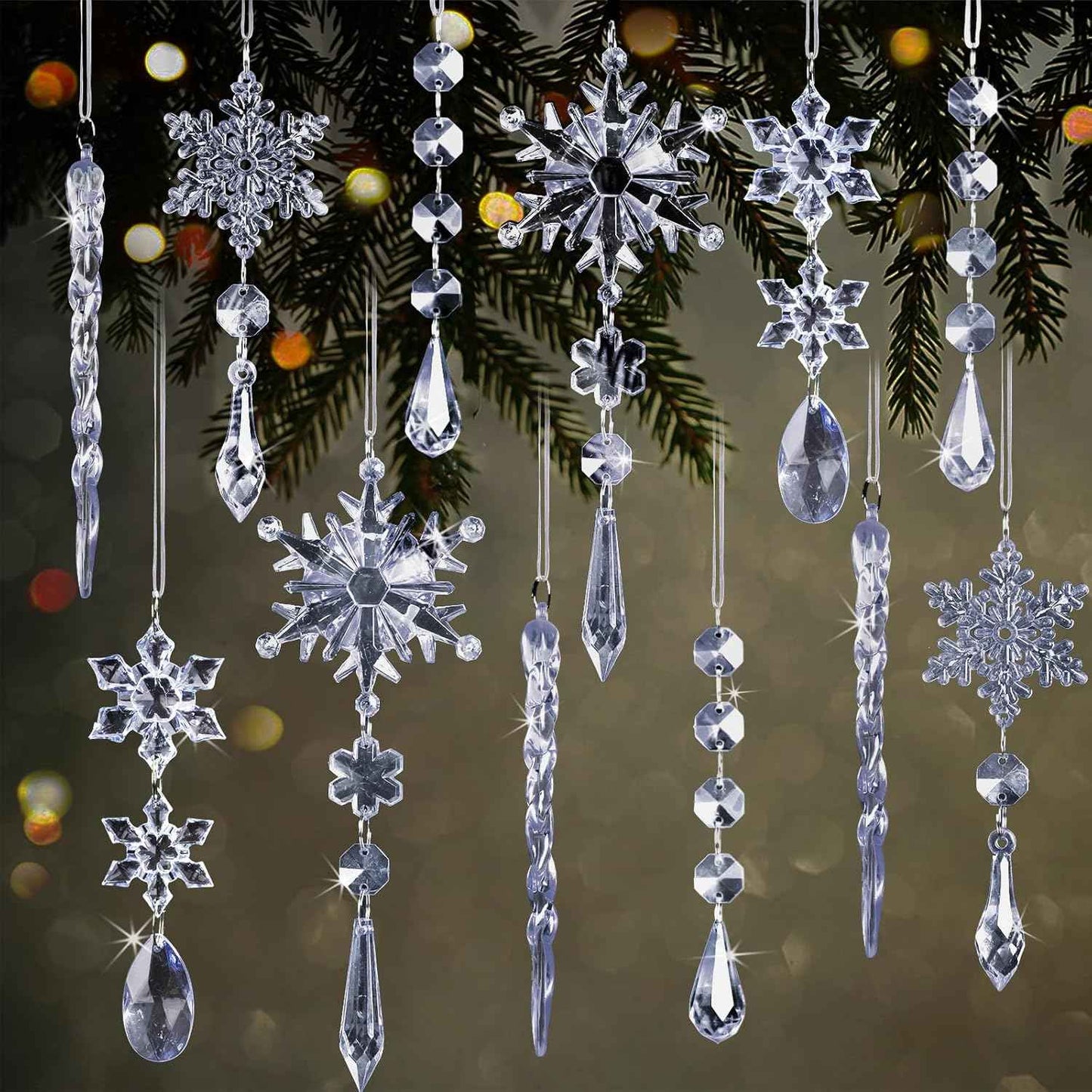 18pcs Crystal Christmas Ornaments for Tree Decorations-Hanging Acrylic Snowflake Icicle Ornaments with Drop Pendants for Winter Wonderland Chandelier Crystals Decorations Supplies