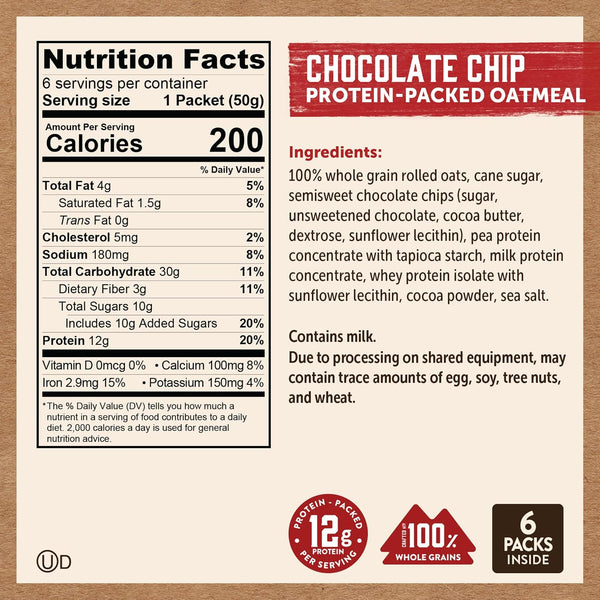 Kodiak Instant Oatmeal Packets, Chocolate Chip, High Protein, 100% Whole Grains, 6 boxes with 6 packets each (36 packets total)