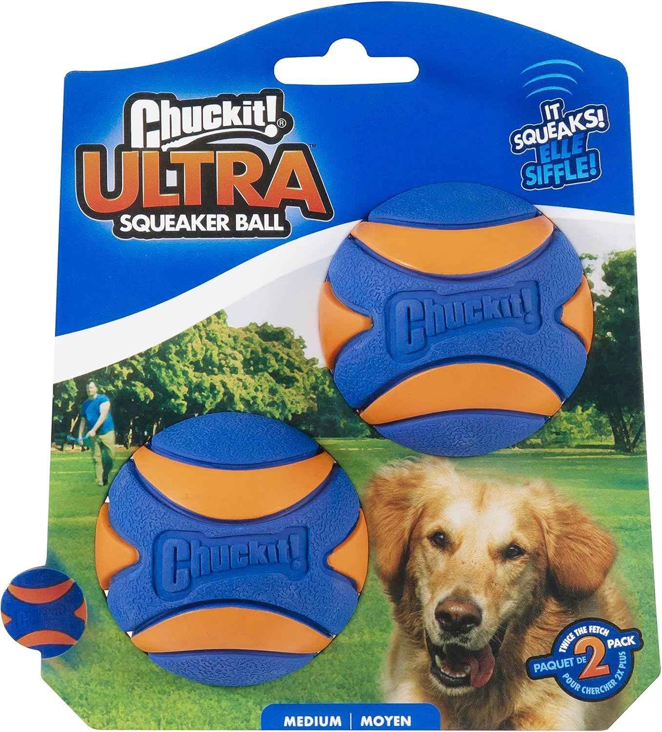 Chuckit! Ultra Ball Dog Toy - Medium Bouncy Fetch Balls For Dogs 20-60 lbs - Made from Durable Rubber - Floating Water Pet Toys - Size Medium - 2.5-inch Diameter - Pack of 2