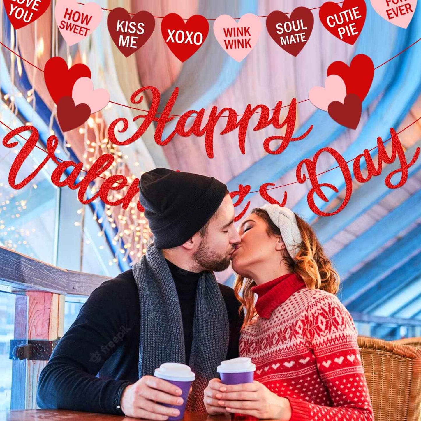 Valentine's Day Garland Banner Including Glitter Happy Valentine's Day Banner, Valentines Gnomes Garland Banner, XOXO Heart Garland for Valentines Gnomes Wedding Engagement Anniversary Party