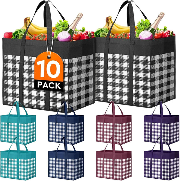 WISELIFE Reusable Grocery Shopping Bags 10 Pack Large Foldable Tote Bags Bulk, Eco Produce Bags with Long Handle for Shopping Groceries Clothes (Grey&Black)