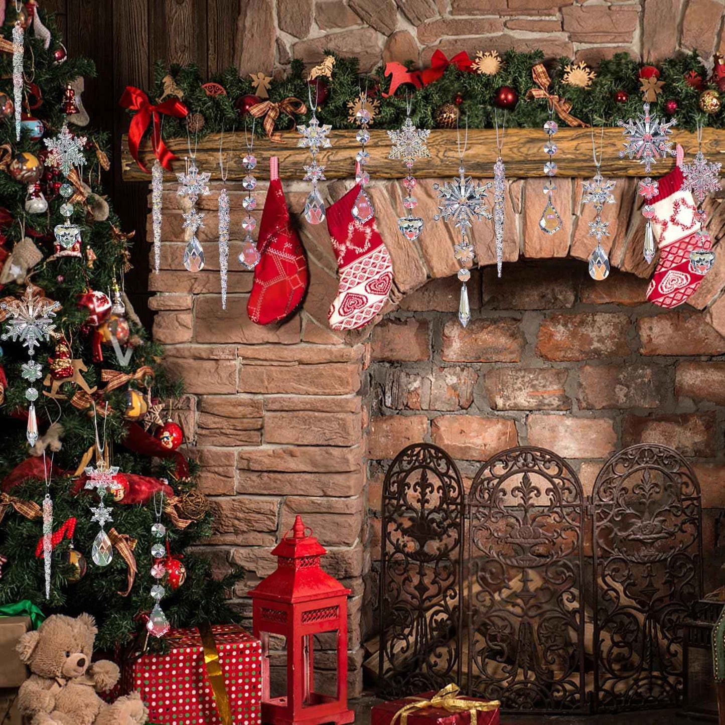 Jishi 21pcs Crystal Christmas Ornaments for Christmas Tree Decorations, Hanging Crystals Acrylic Snowflake Icicle Ornaments Set w/Drop Pendants for Winter Wonderland, Holiday Home Decor Party Supplies