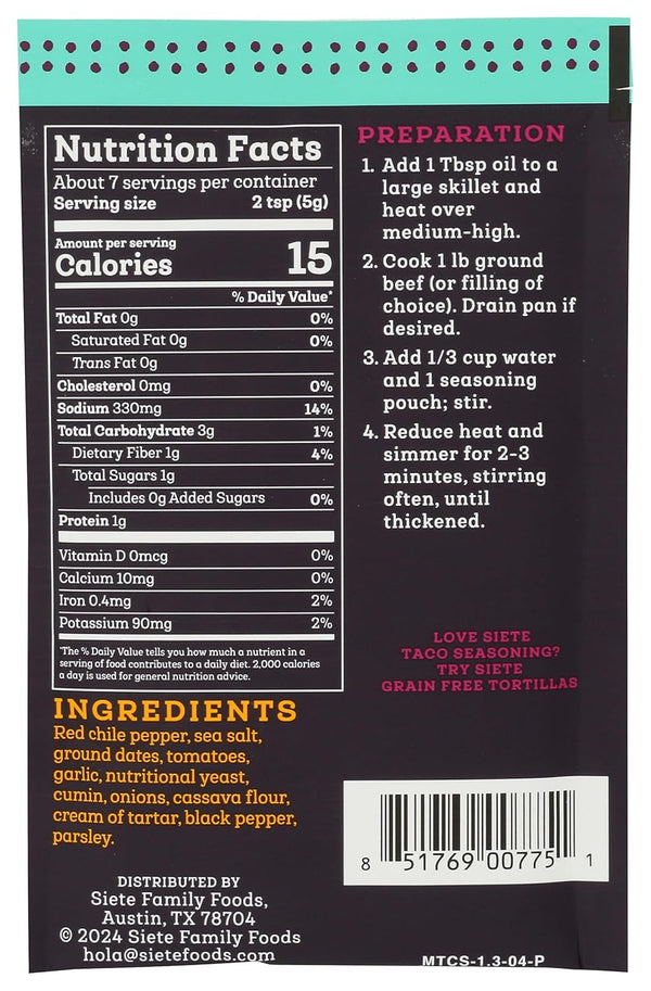 Siete Mild Taco Seasoning Mix, Gluten Free, Vegan, Paleo, Whole 30 Approved, 1 Packet