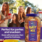 Utz Party Mix snack mix includes corn tortillas, pretzels, and cheese curls, 1.62 pounds, resealable container