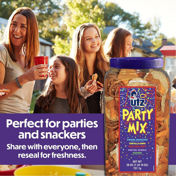 Utz Party Mix snack mix includes corn tortillas, pretzels, and cheese curls, 1.62 pounds, resealable container