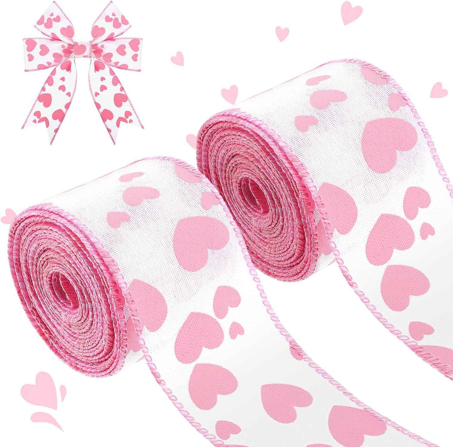 Dingion Valentine's Day Burlap Wired Ribbon 2 Rolls 12 Yards Heart Printed Love Edge Ribbon 2.5 in Patterned Hearts for Favor Wrapping Wreaths Craft Prensent Wrapping Decorative (Pink)