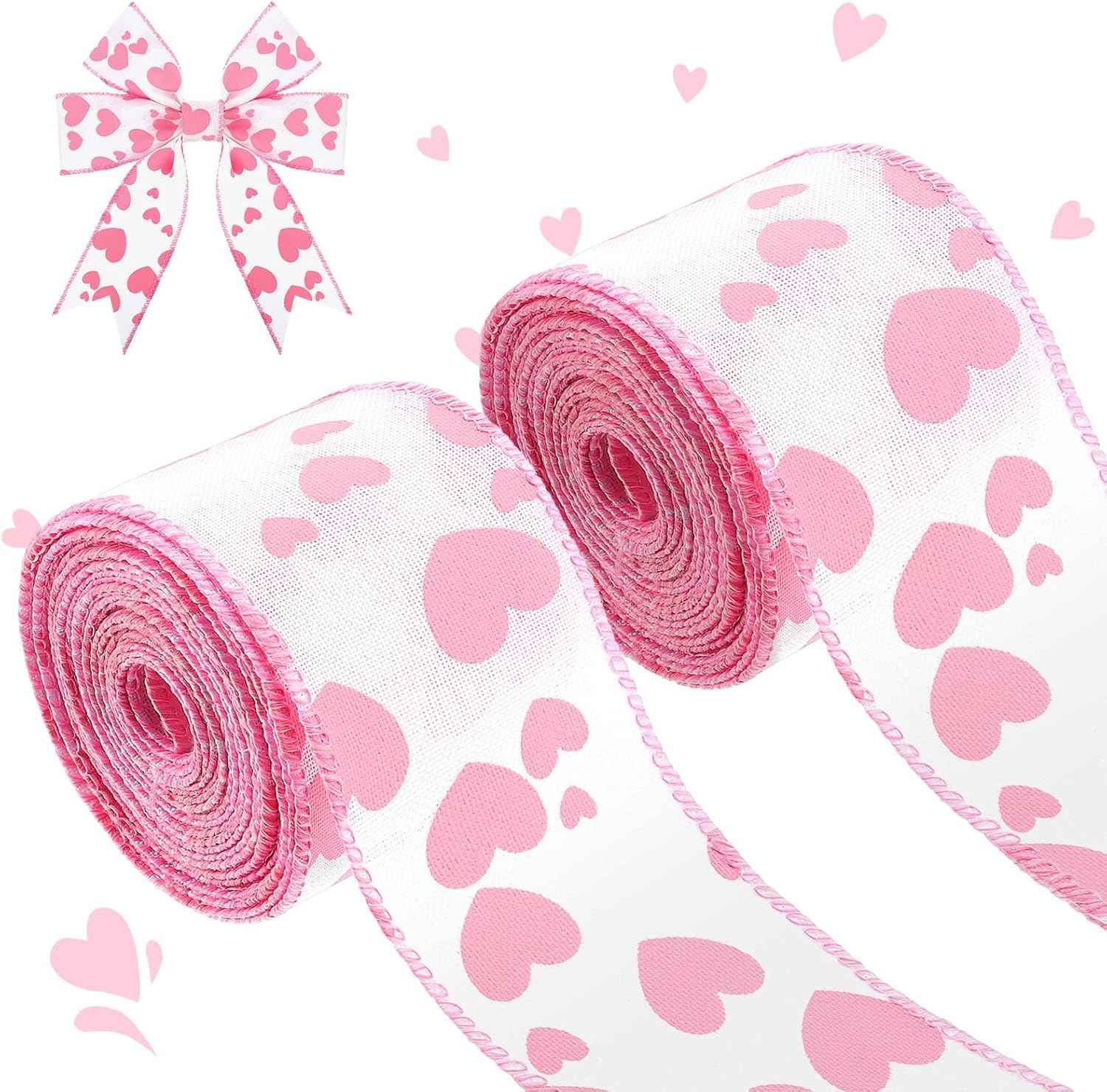 Dingion Valentine's Day Burlap Wired Ribbon 2 Rolls 12 Yards Heart Printed Love Edge Ribbon 2.5 in Patterned Hearts for Favor Wrapping Wreaths Craft Prensent Wrapping Decorative (Pink)