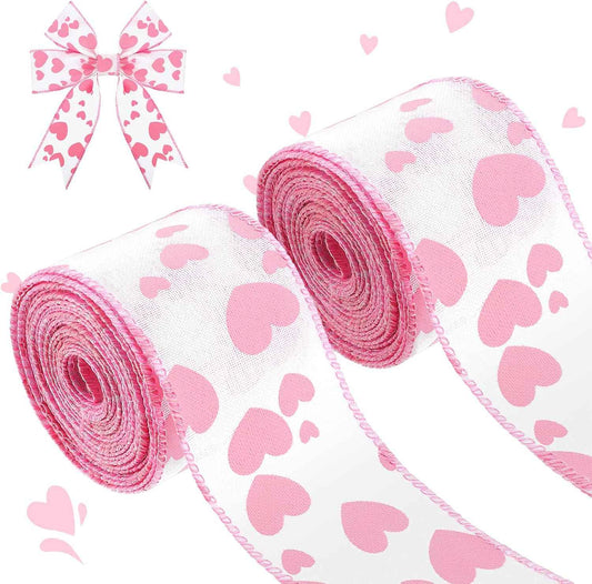 Dingion Valentine's Day Burlap Wired Ribbon 2 Rolls 12 Yards Heart Printed Love Edge Ribbon 2.5 in Patterned Hearts for Favor Wrapping Wreaths Craft Prensent Wrapping Decorative (Pink)