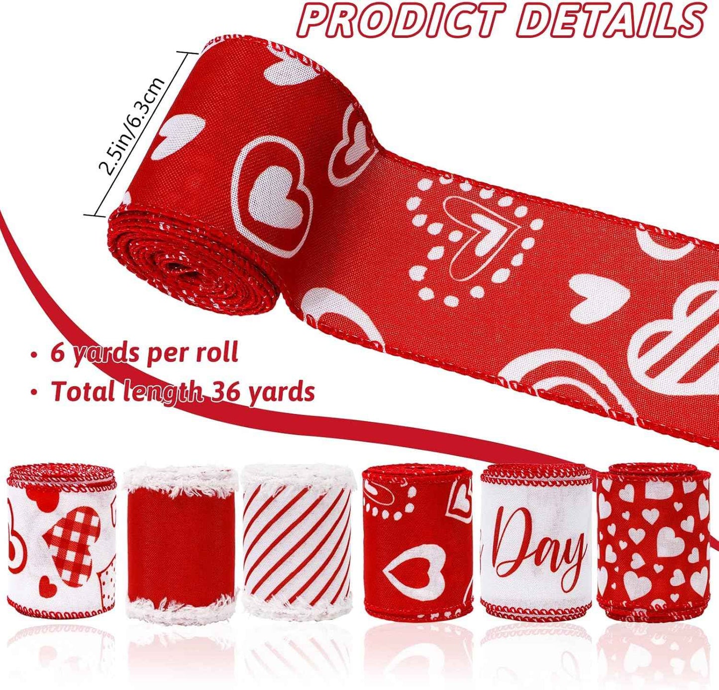 Whaline 36 Yard Happy Valentine's Day Wired Edge Ribbon Red White Love Hearts Craft Ribbon with Burr Wedding Fabric Wrapping Ribbon for Anniversary Wreath Bow Making DIY Crafts Supplies, 6 Roll