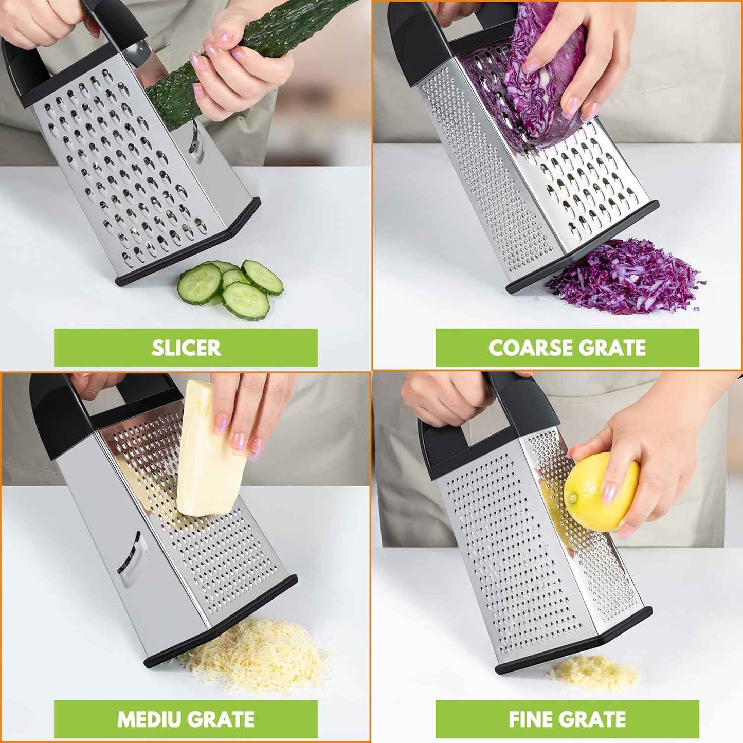Urbanstrive Cheese Grater With Container Box Grater Stainless Steel Graters for Kitchen Cheese Shredder Parmesan Shredder Kitchen Gadgets Kitchen Tools Kitchen Gifts for Chef Dishwasher Safe Zester