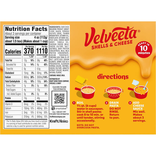 Velveeta Shells and Cheese Mac, Easy Dinner or Sides, Original Flavor, Real Cheese, 12 oz