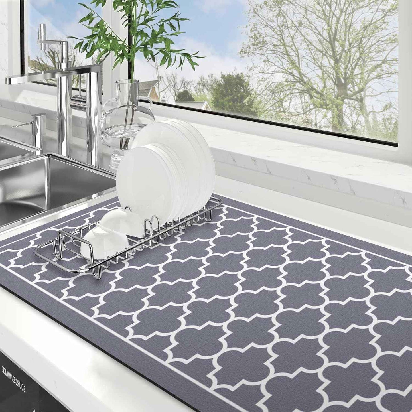 WISELIFE Dish Drying Mat Super Absorbent Drying Mat Large Dish Drying Mats for Kitchen Counter Easy Clean Dish Mat Kitchen Drying Mat15"x 18" Stylish Grey