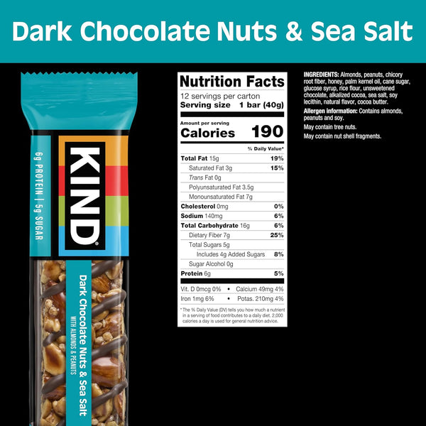 KIND Dark Chocolate Nuts & Sea Salt Bars, Gluten Free, Low Sugar, High Fiber, 12 Count