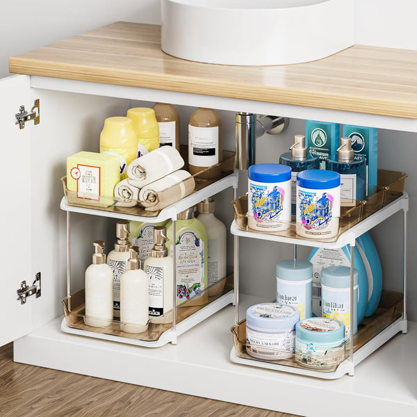 Delamu 2-Tier Bathroom Under Sink Organizer, Stackable Kitchen Pantry Storage, White, 2 Pack