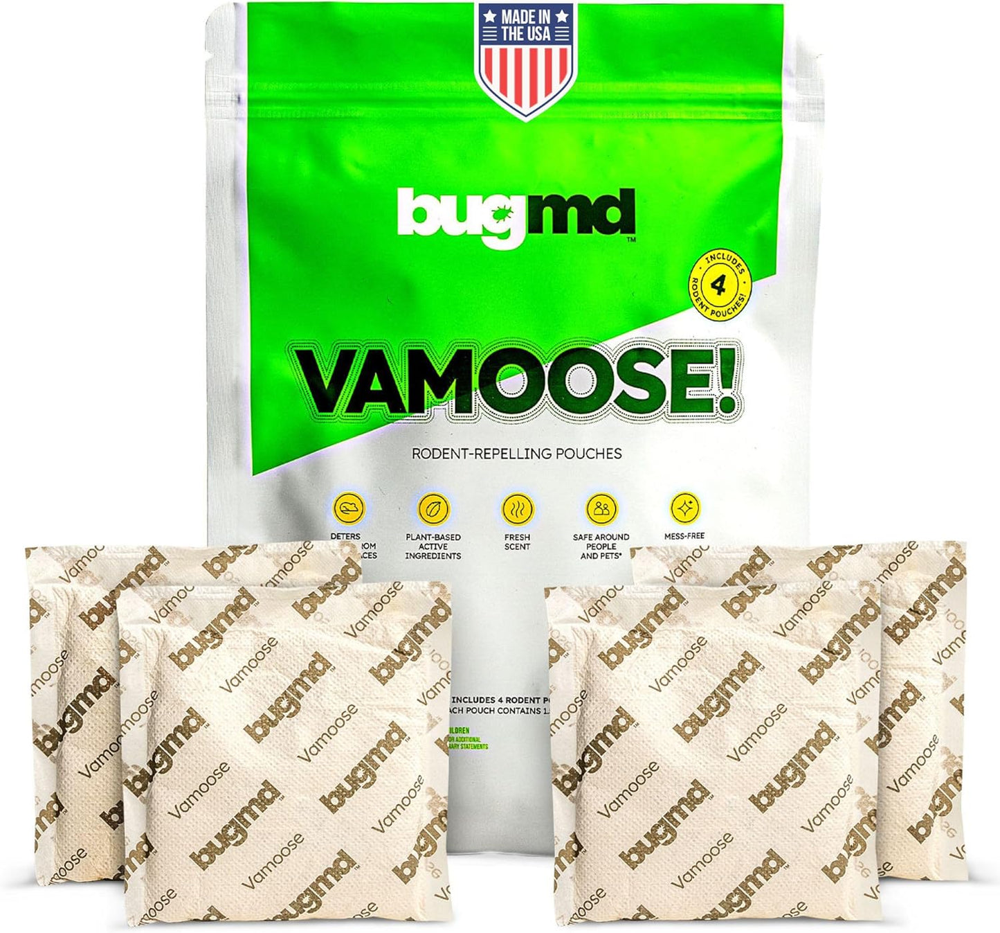 BugMD Vamoose Rodent Repellent Pouches (1 Pack, 4 Pouches) Plant-Powered Rat Repellent, Mouse Deterrent, Indoor & Outdoor Mice Repellent, Best Mouse Repellent, Natural Rat & Mouse Repellent