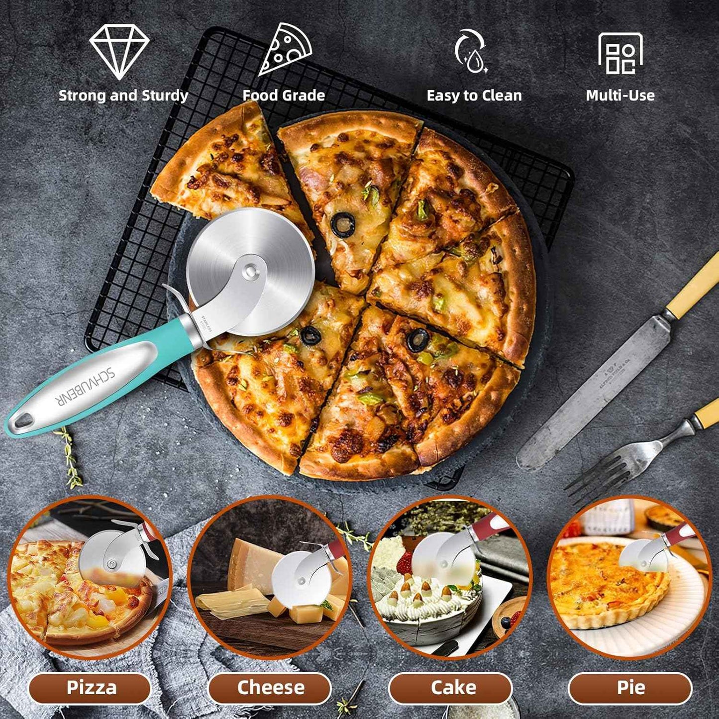 Premium Ultra Sharp Stainless Steel Pizza Cutter Wheel with Non-Slip Soft Grip Handle